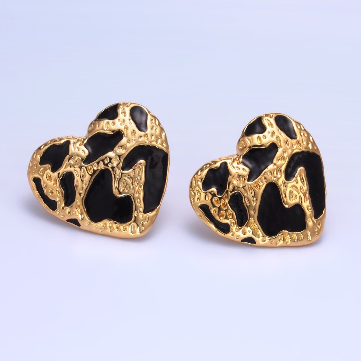 24K Gold Filled Black Enamel Cheetah Textured Heart Stud Earrings in Gold & Silver | AB1496 AB1549 - DLUXCA