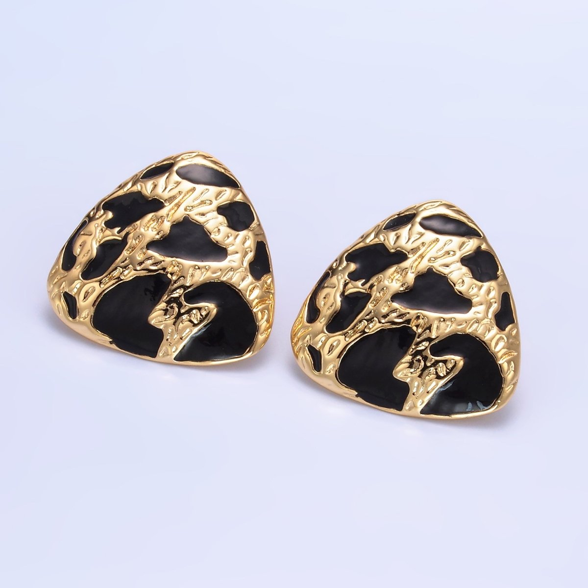 24K Gold Filled Black Enamel Cheetah Textured Triangle Stud Earrings in Gold & Silver | AB1420 AB1419 - DLUXCA