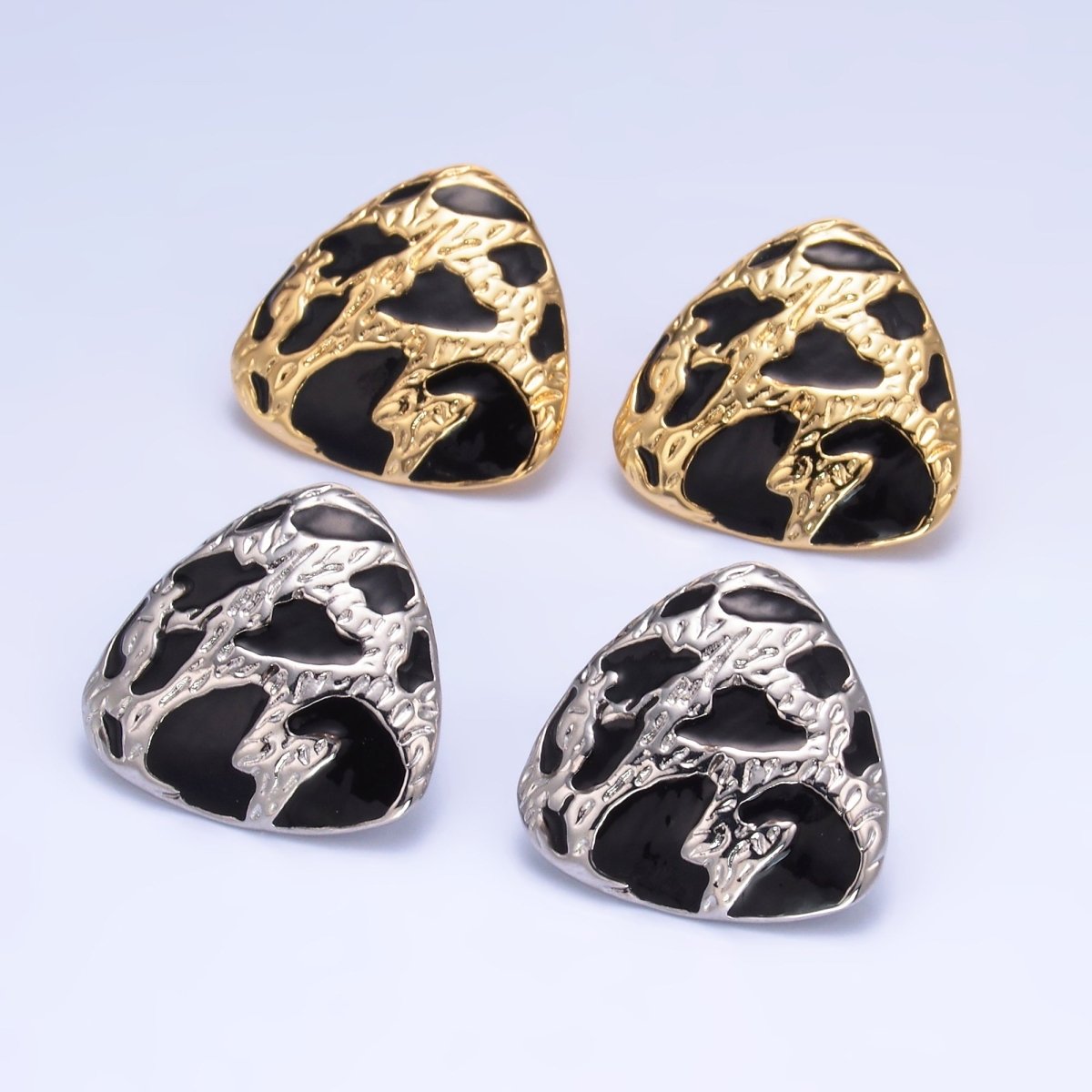 24K Gold Filled Black Enamel Cheetah Textured Triangle Stud Earrings in Gold & Silver | AB1420 AB1419 - DLUXCA