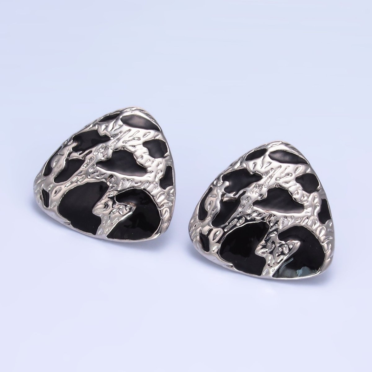 24K Gold Filled Black Enamel Cheetah Textured Triangle Stud Earrings in Gold & Silver | AB1420 AB1419 - DLUXCA