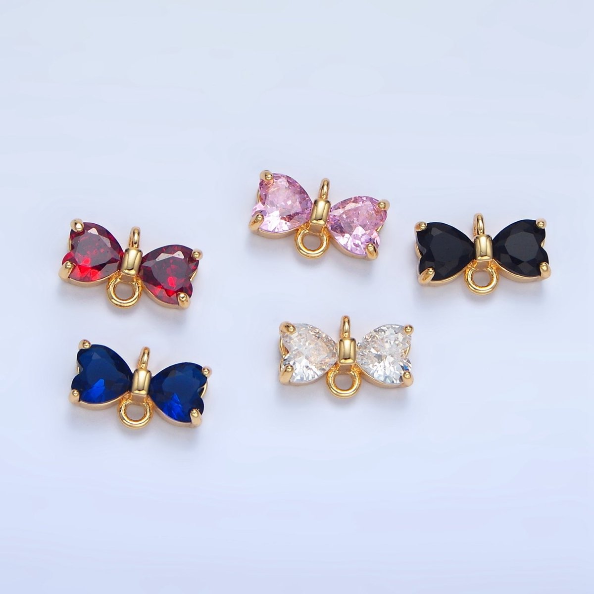 24K Gold Filled Black, Pink, Blue, Red, Clear CZ Ribbon Bow Connector | F641 - F643 - DLUXCA