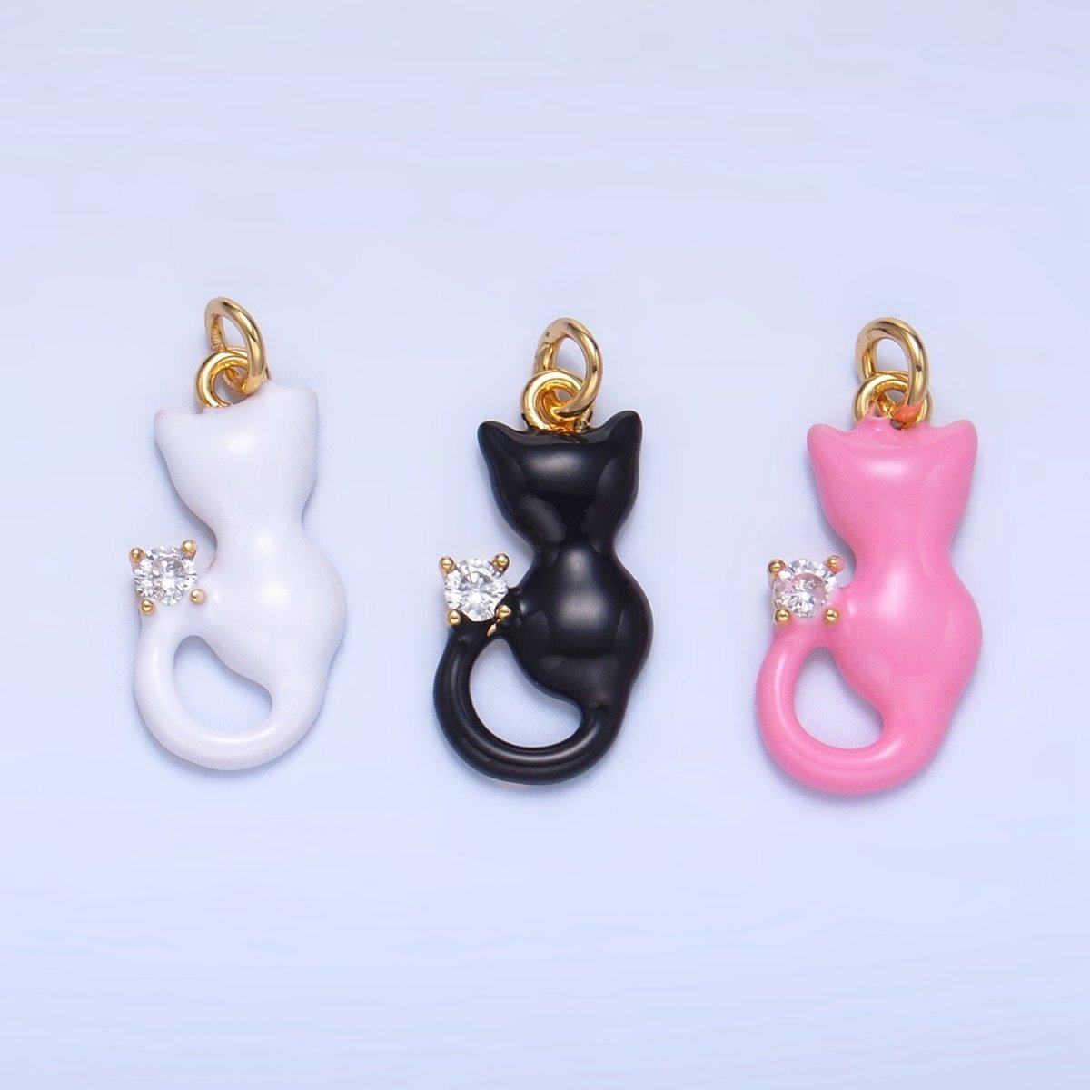 24K Gold Filled Black, White, Pink Enamel CZ Kitten Cat Pet Animal Charm | W009 - W010 - DLUXCA