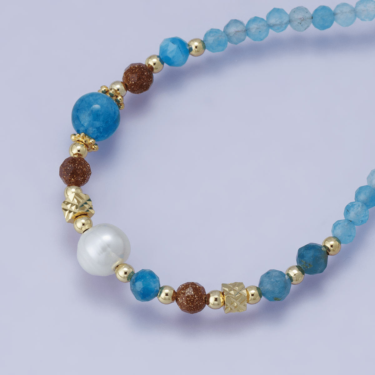 24K Gold Filled Blue Aquamarine Multifaceted Gemstone Bead Curb Chain Half 16 Inch Necklace w. Extender | WA - 04204 - DLUXCA