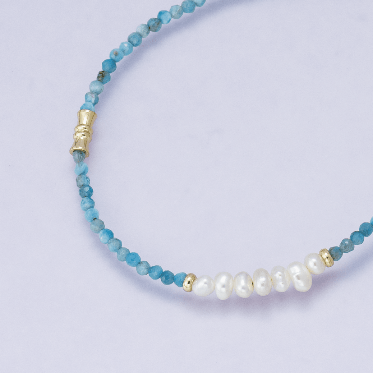 24K Gold Filled Blue Aquamarine Multifaceted Shell Pearl Gemstone Bead Figaro Chain Half 16.5 Inch Necklace w. Extender | WA - 04208 - DLUXCA
