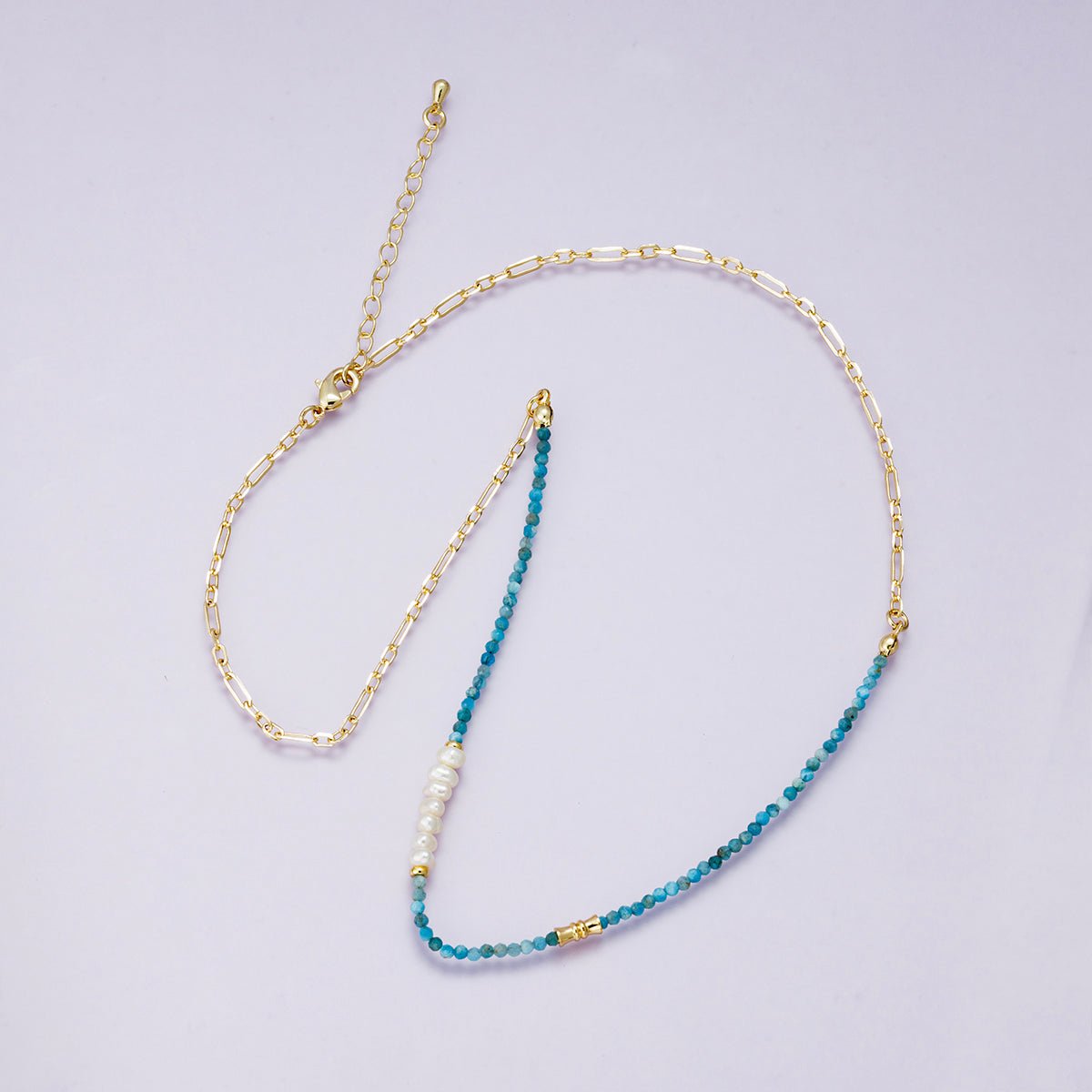 24K Gold Filled Blue Aquamarine Multifaceted Shell Pearl Gemstone Bead Paperclip Chain Half 18 Inch Necklace w. Extender | WA - 04215 - DLUXCA