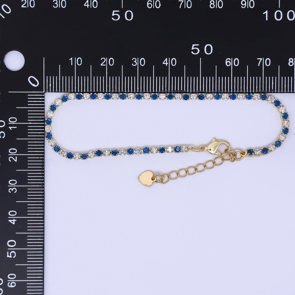 24K Gold Filled Blue Clear CZ Tennis 6.9 inch Bracelet with Extender | WA - 1596 - DLUXCA