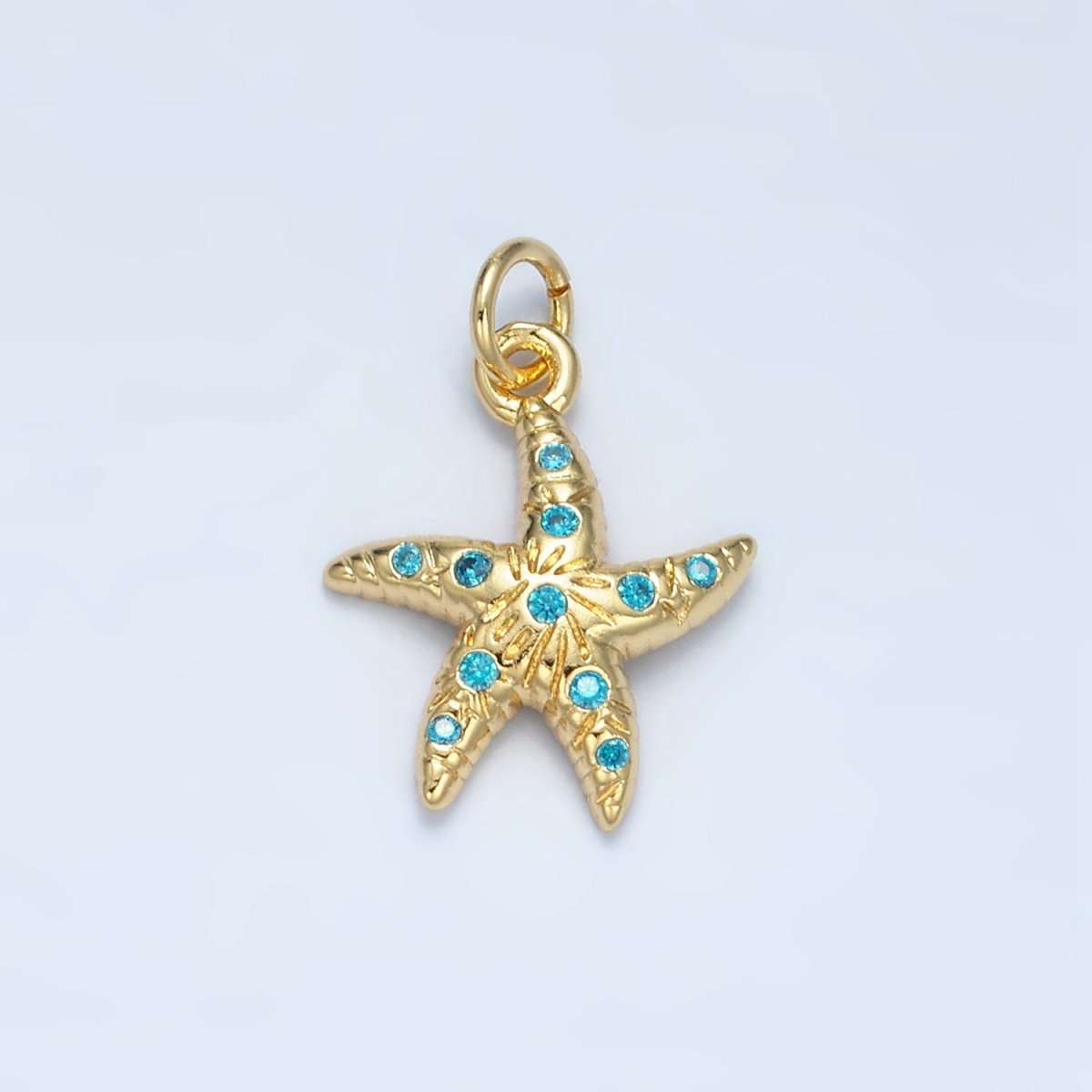 24K Gold Filled Blue CZ Micro Paved Textured Starfish Sea Animal Charm | M - 896 - DLUXCA