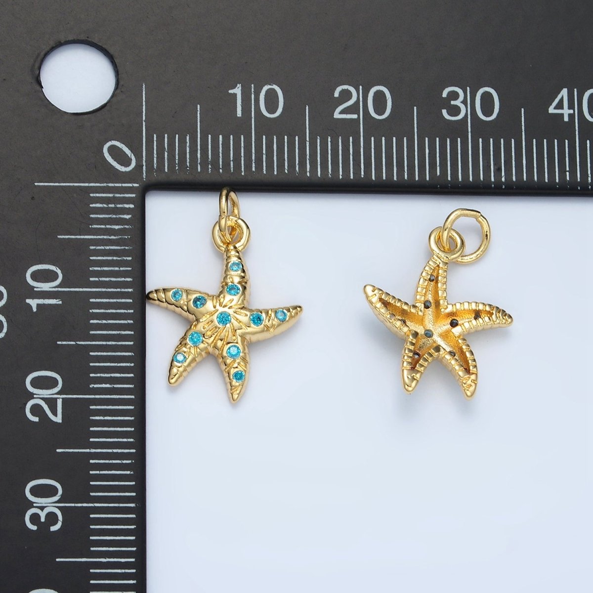 24K Gold Filled Blue CZ Micro Paved Textured Starfish Sea Animal Charm | M - 896 - DLUXCA