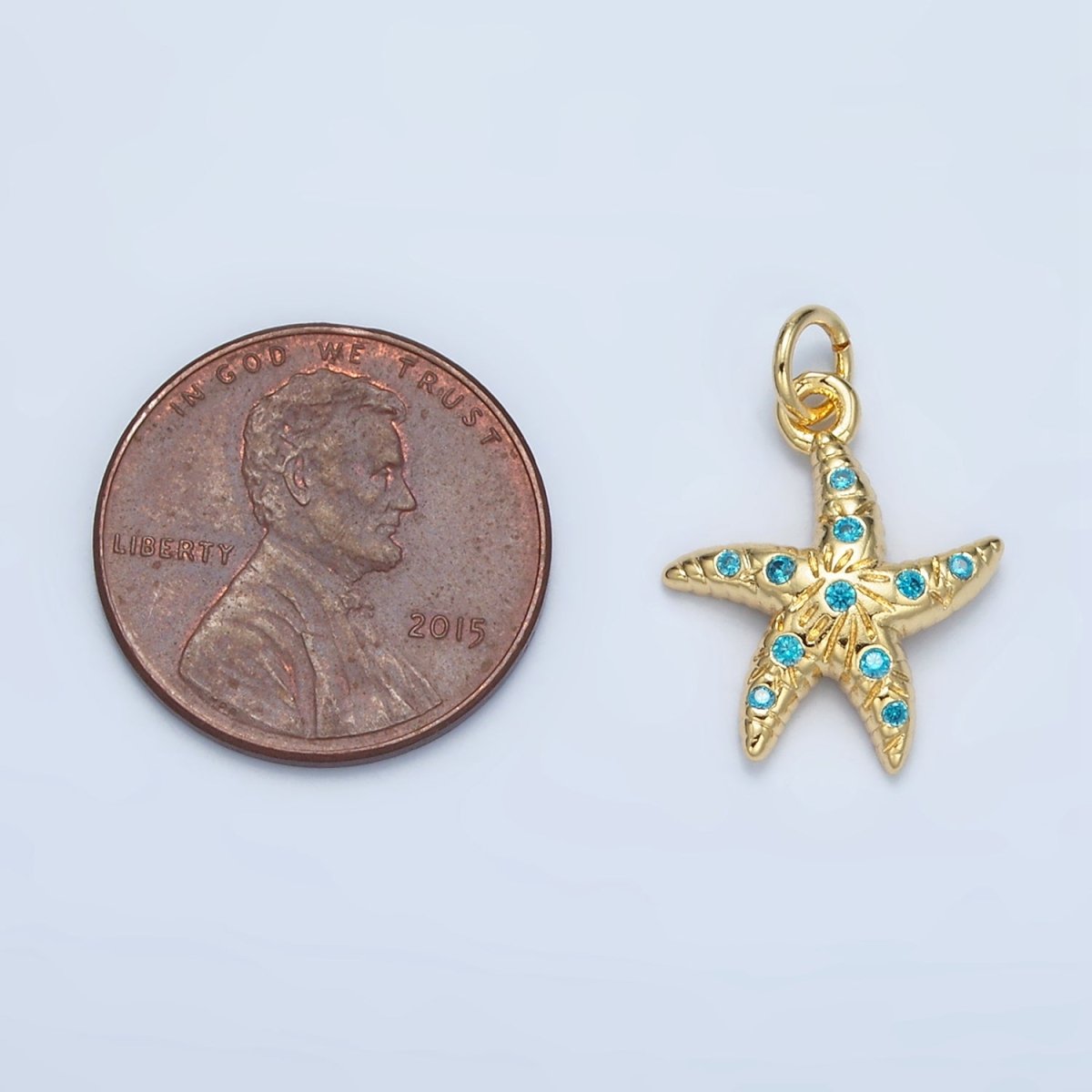 24K Gold Filled Blue CZ Micro Paved Textured Starfish Sea Animal Charm | M - 896 - DLUXCA