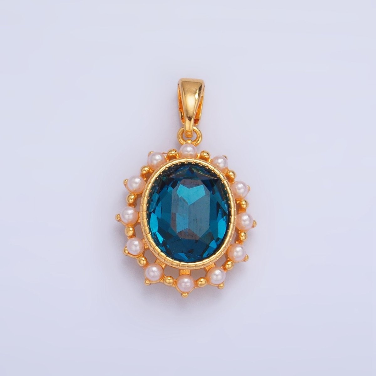 24K Gold Filled Blue CZ Shell Pearl Bezel Oval Pendant | AA1014 - DLUXCA