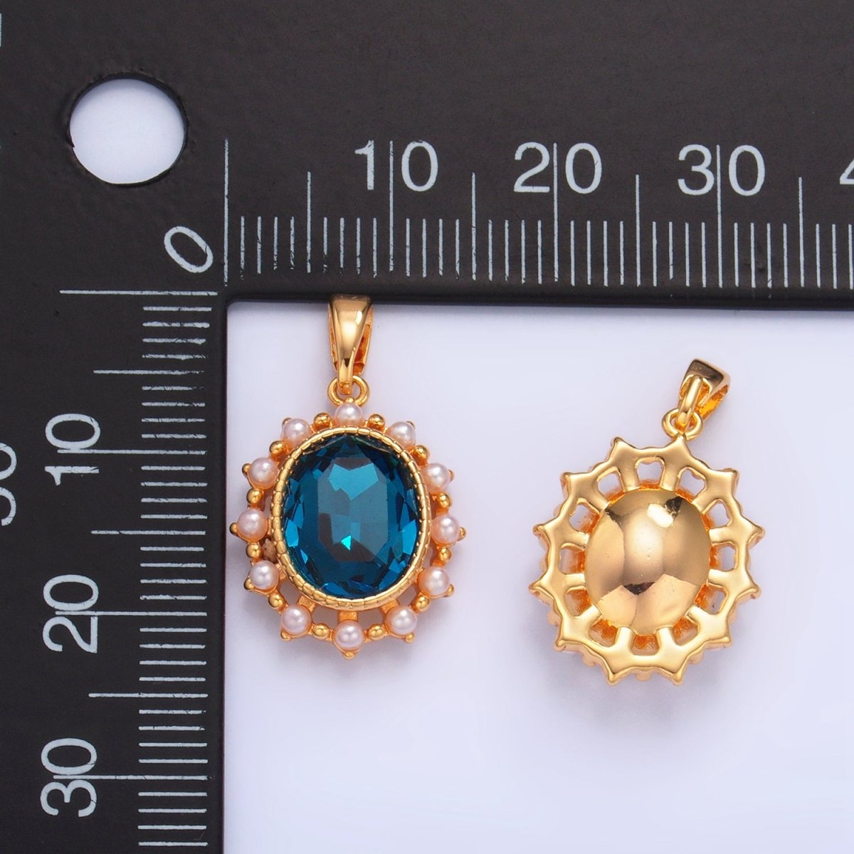 24K Gold Filled Blue CZ Shell Pearl Bezel Oval Pendant | AA1014 - DLUXCA