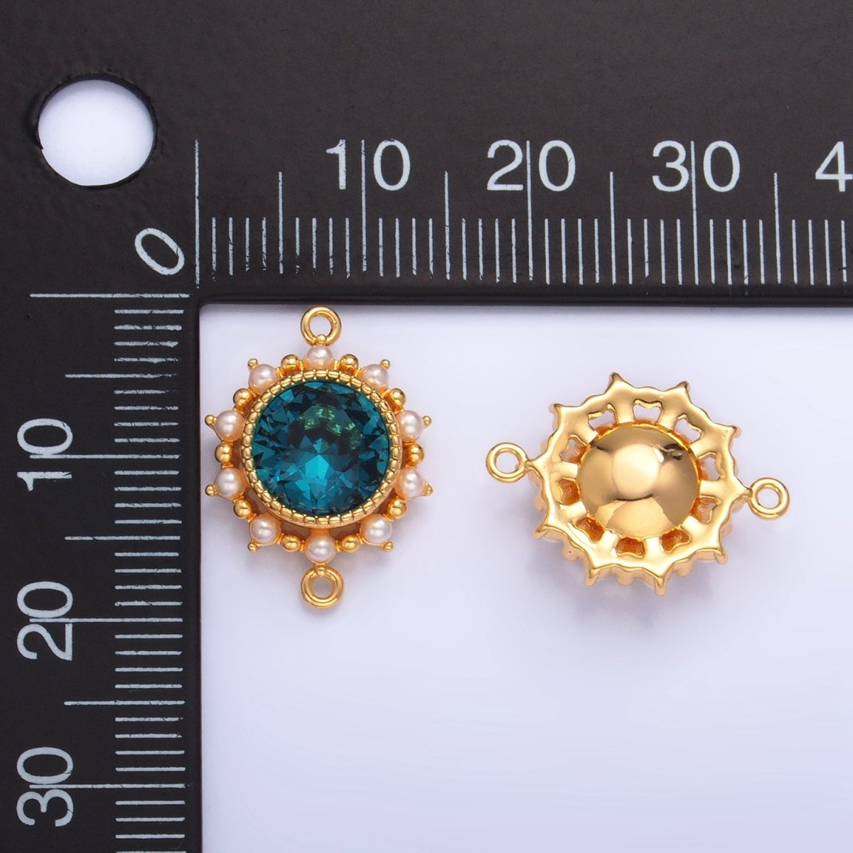 24K Gold Filled Blue CZ Shell Pearl Bezel Round Connector | F719 - DLUXCA