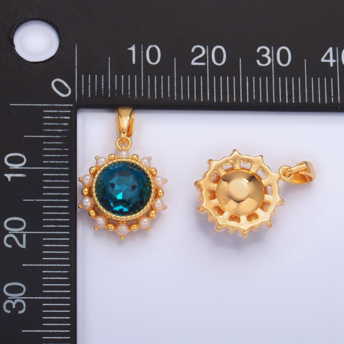 24K Gold Filled Blue CZ Shell Pearl Bezel Round Pendant | AA1013 - DLUXCA