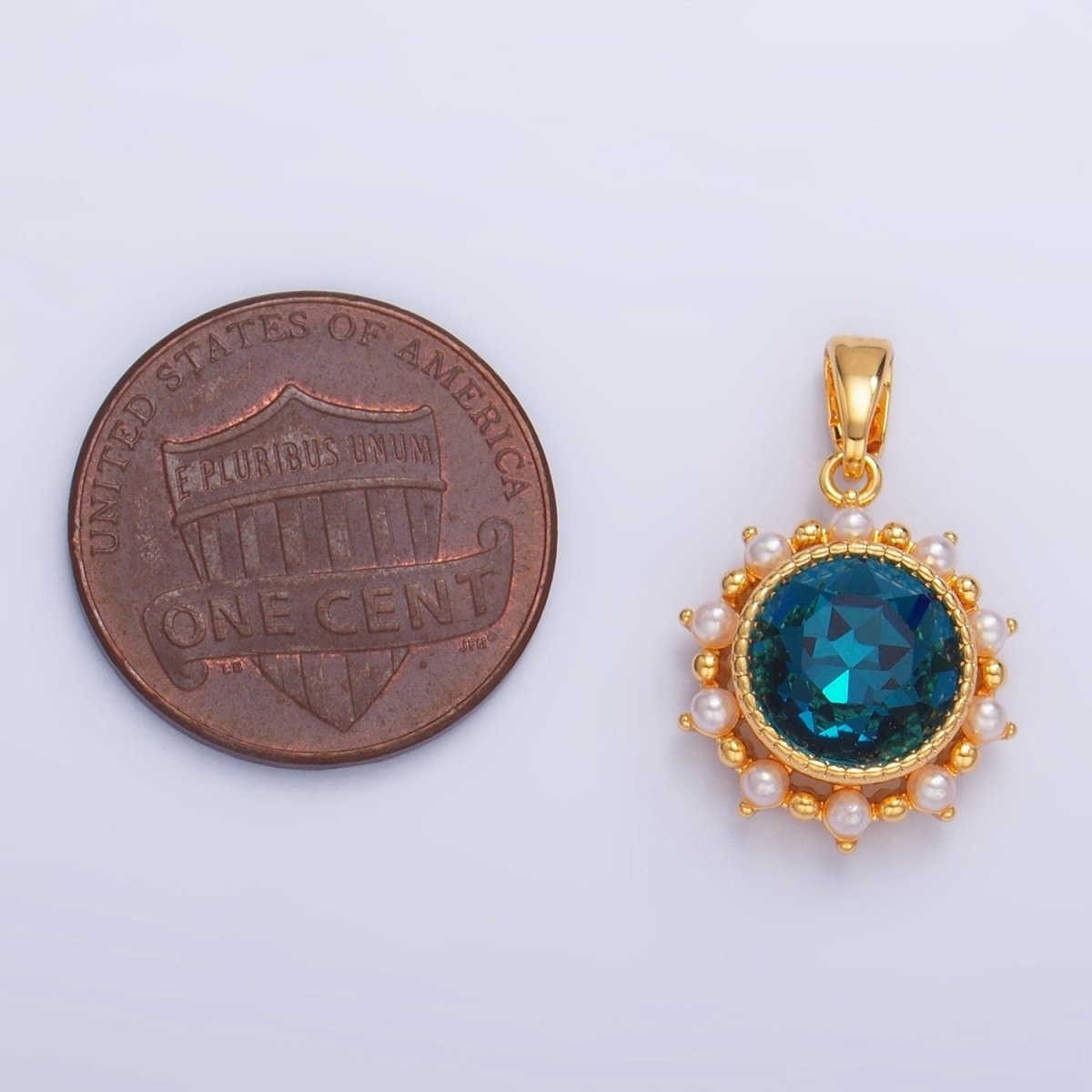 24K Gold Filled Blue CZ Shell Pearl Bezel Round Pendant | AA1013 - DLUXCA