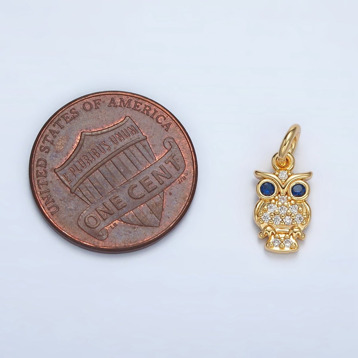 24K Gold Filled Blue - Eyed CZ Micro Paved Owl Bird Charm | E010 - DLUXCA