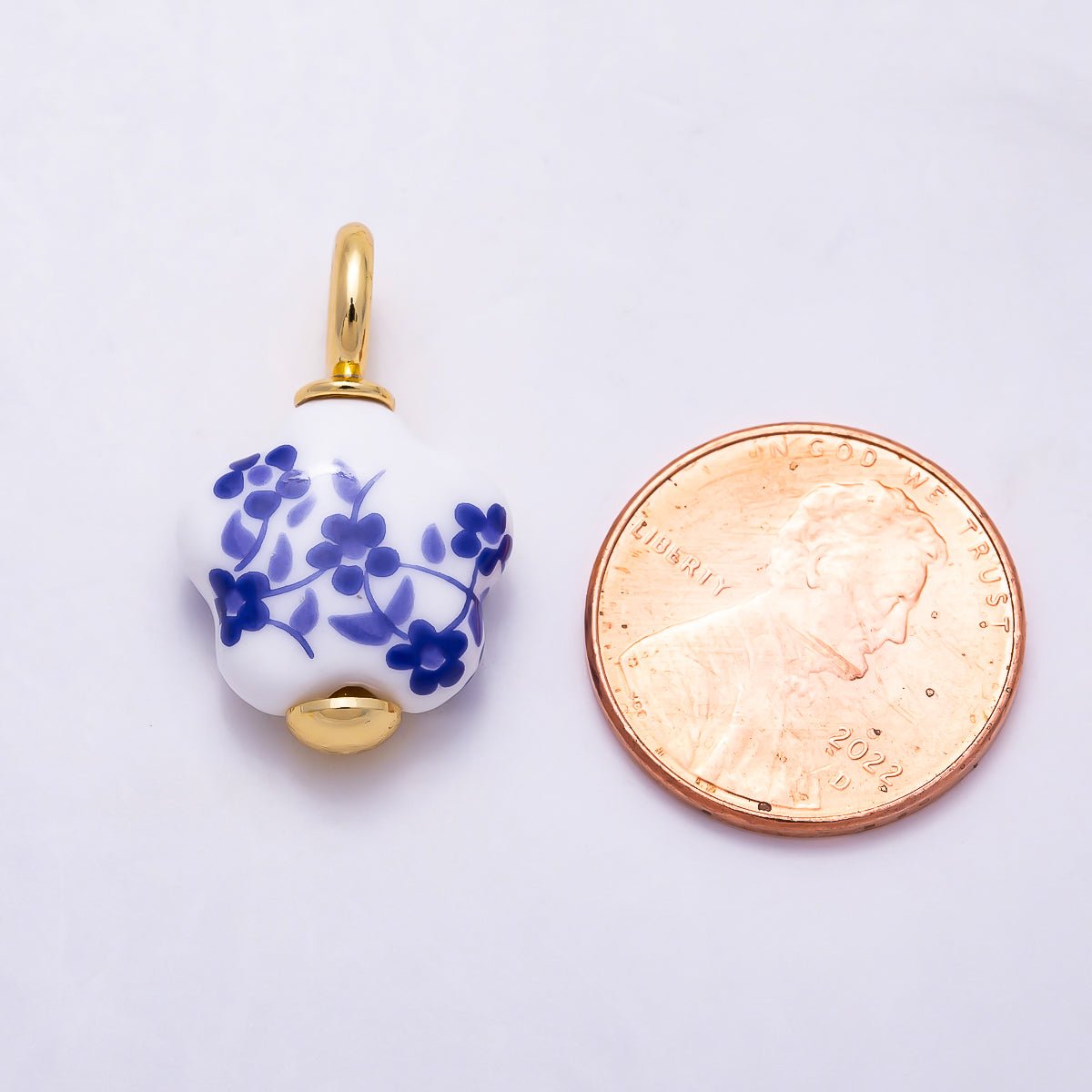 24K Gold Filled Blue Flower Ceramic Porcelain Drop Charm | W147 - DLUXCA