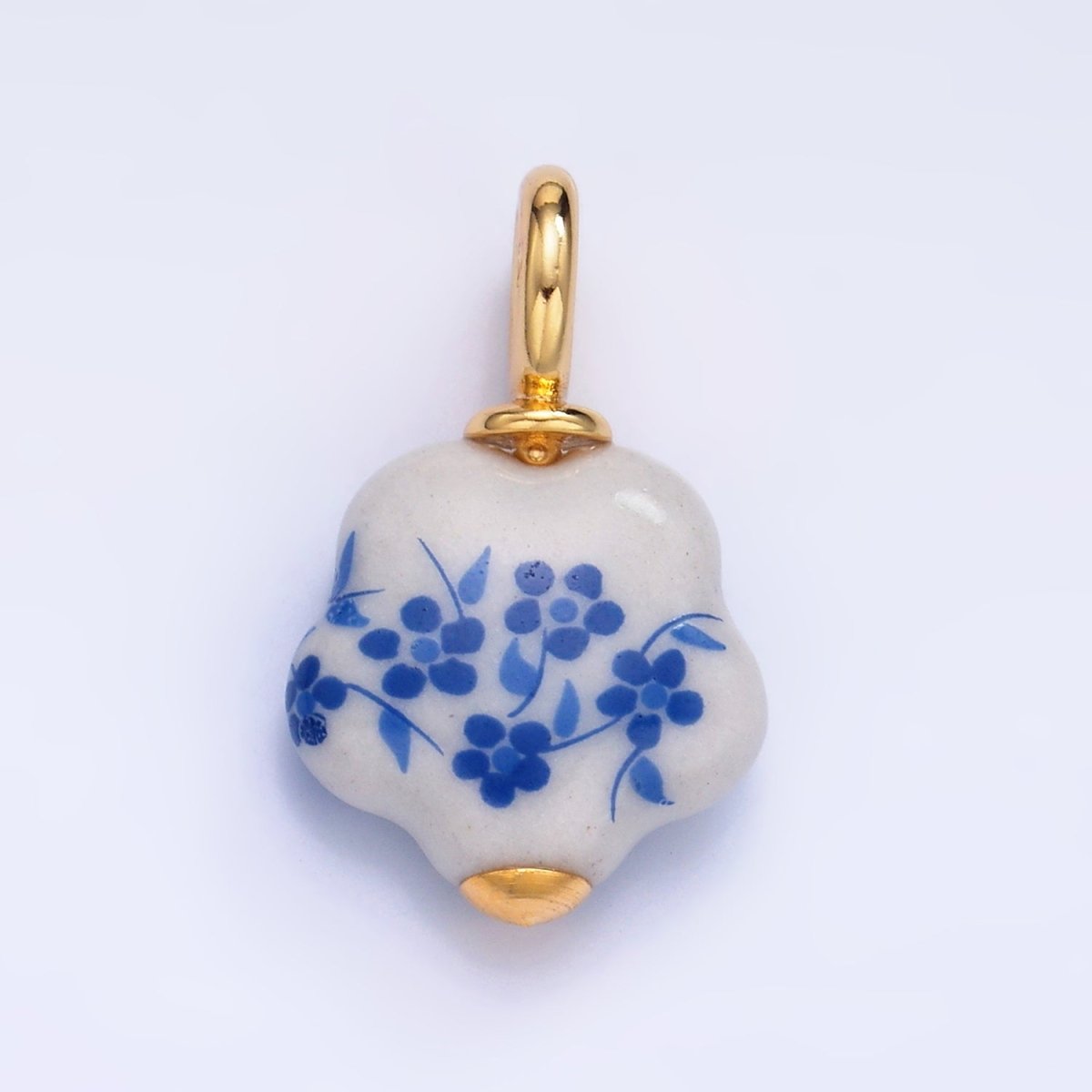 24K Gold Filled Blue Flower Ceramic Porcelain Drop Charm | W147 - DLUXCA