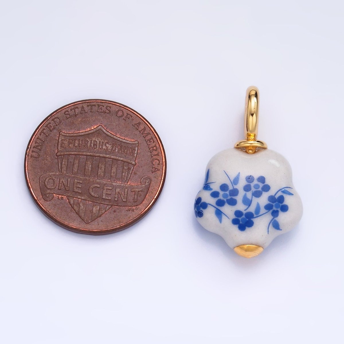 24K Gold Filled Blue Flower Ceramic Porcelain Drop Charm | W147 - DLUXCA