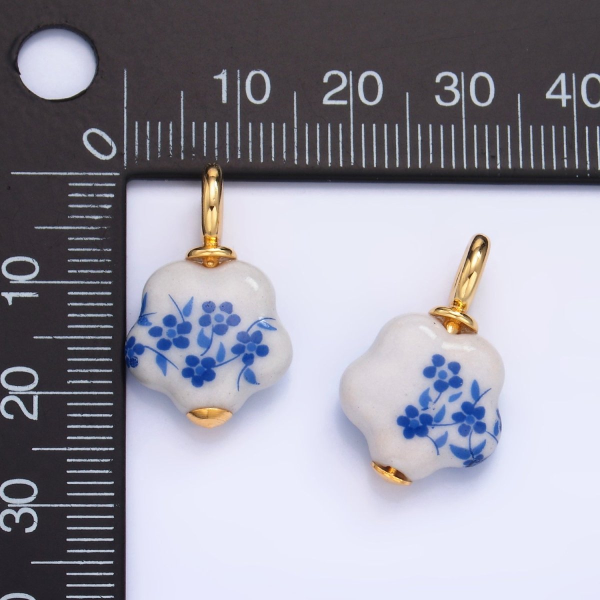 24K Gold Filled Blue Flower Ceramic Porcelain Drop Charm | W147 - DLUXCA