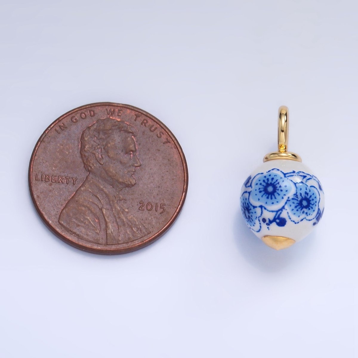 24K Gold Filled Blue Flowers White Ceramic Drop Charm | W122 - DLUXCA