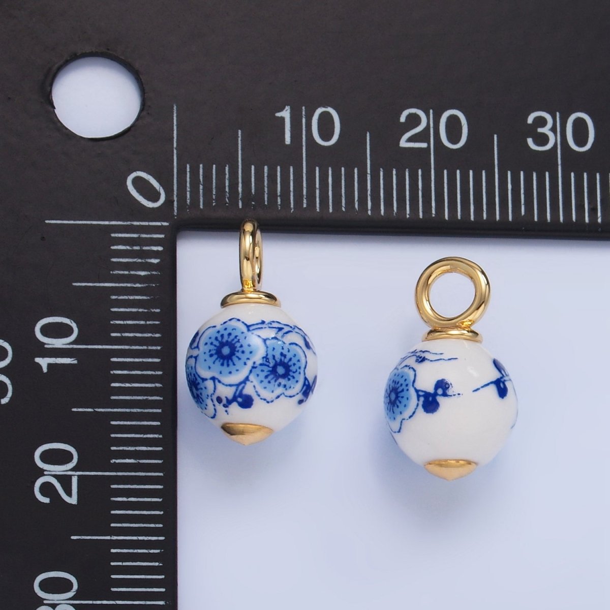 24K Gold Filled Blue Flowers White Ceramic Drop Charm | W122 - DLUXCA