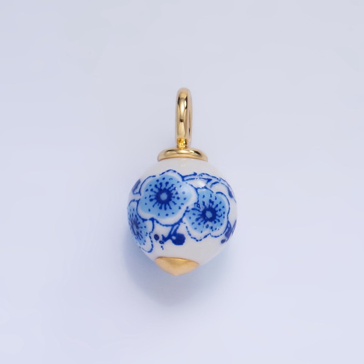 24K Gold Filled Blue Flowers White Ceramic Drop Charm | W122 - DLUXCA