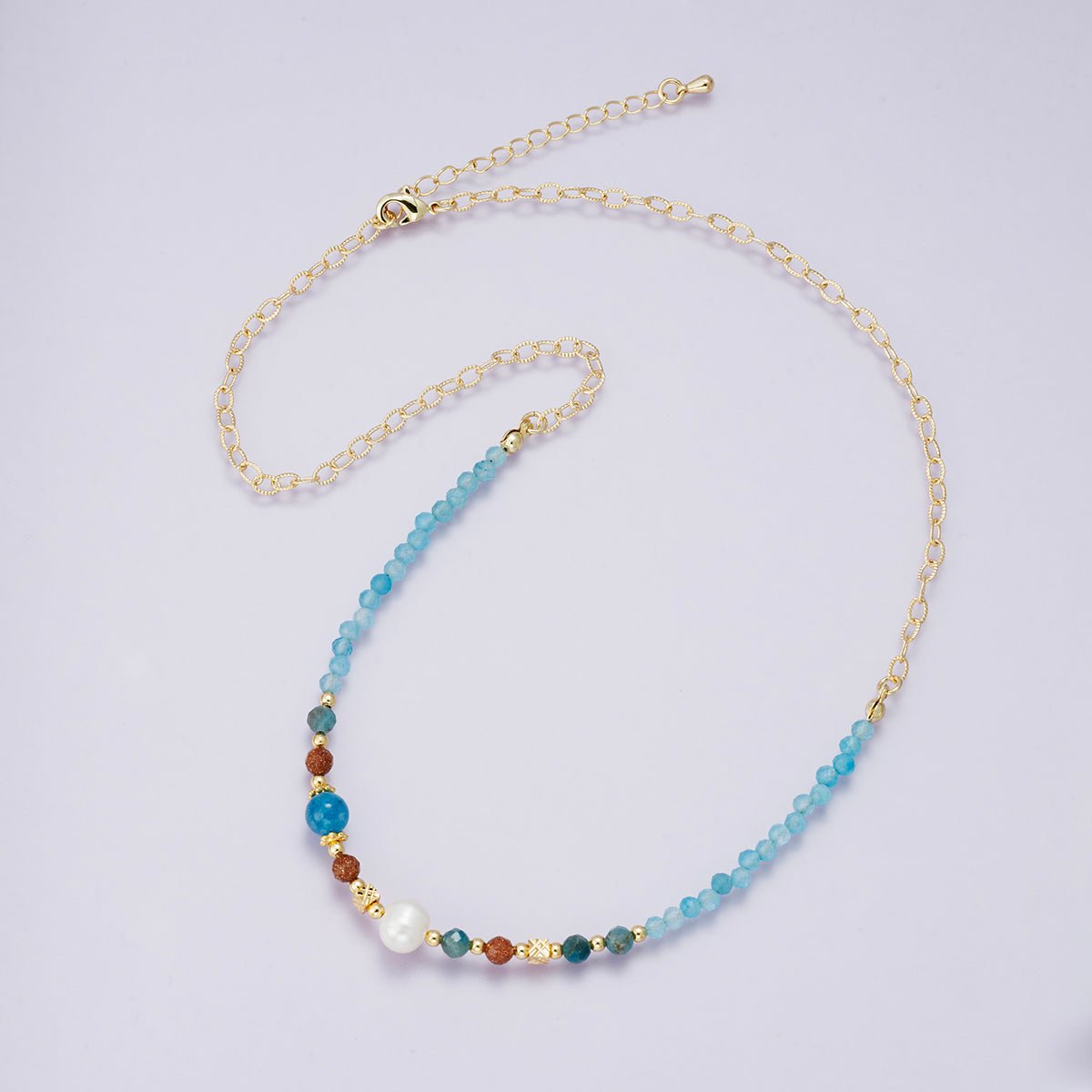 24K Gold Filled Blue Multifaceted Gemstone Ball Cable Chain Half 18 Inch Necklace w. Extender | WA - 04232 - DLUXCA