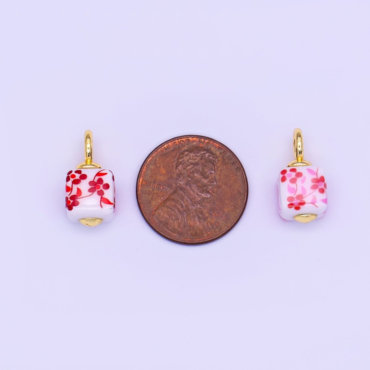 24K Gold Filled Blue, Pink, Brown, Red Daisy Flower Cube Ceramic Drop Pendant | E648 E704 - DLUXCA