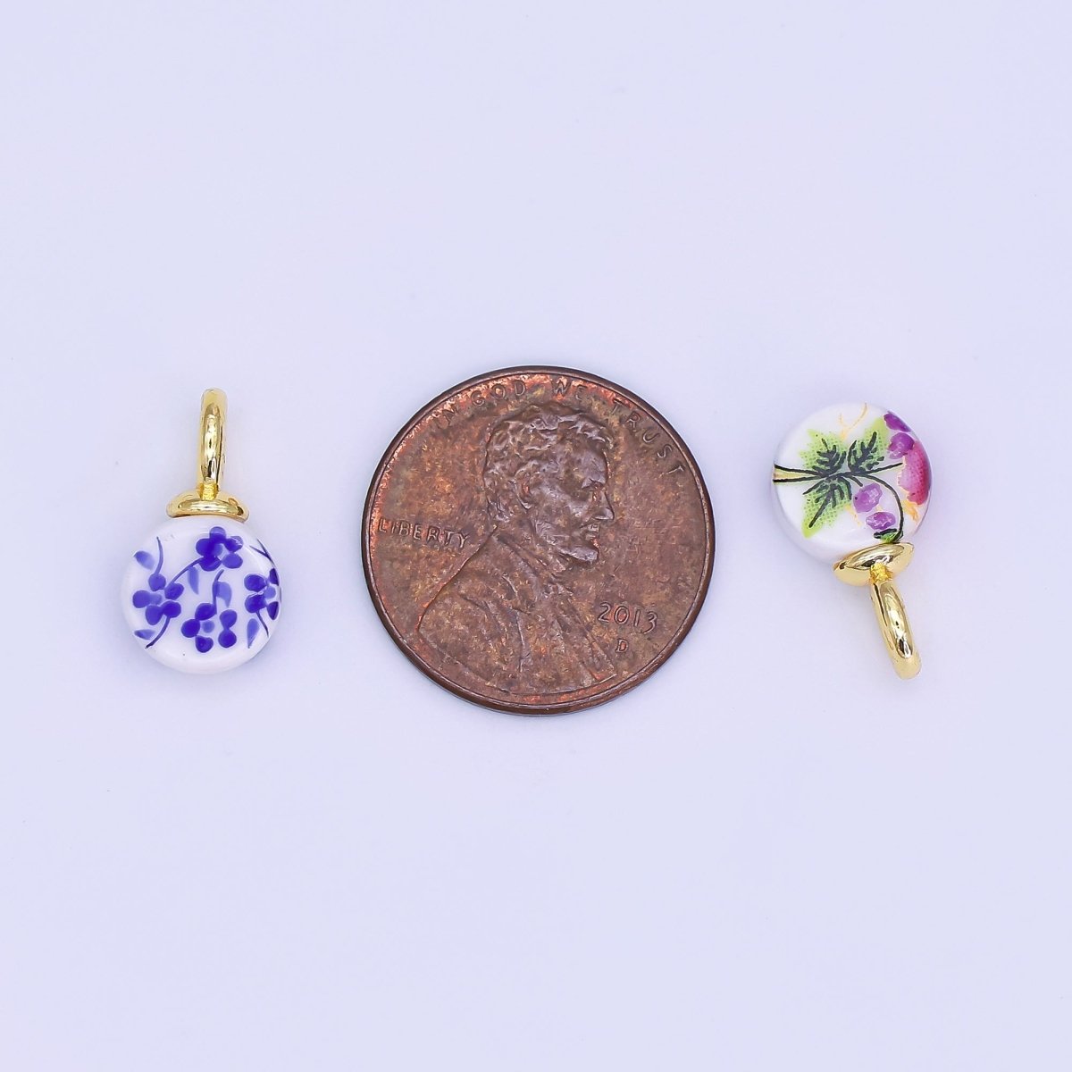 24K Gold Filled Blue, Red Flower Round Ceramic Drop Pendant | N131 N133 - DLUXCA