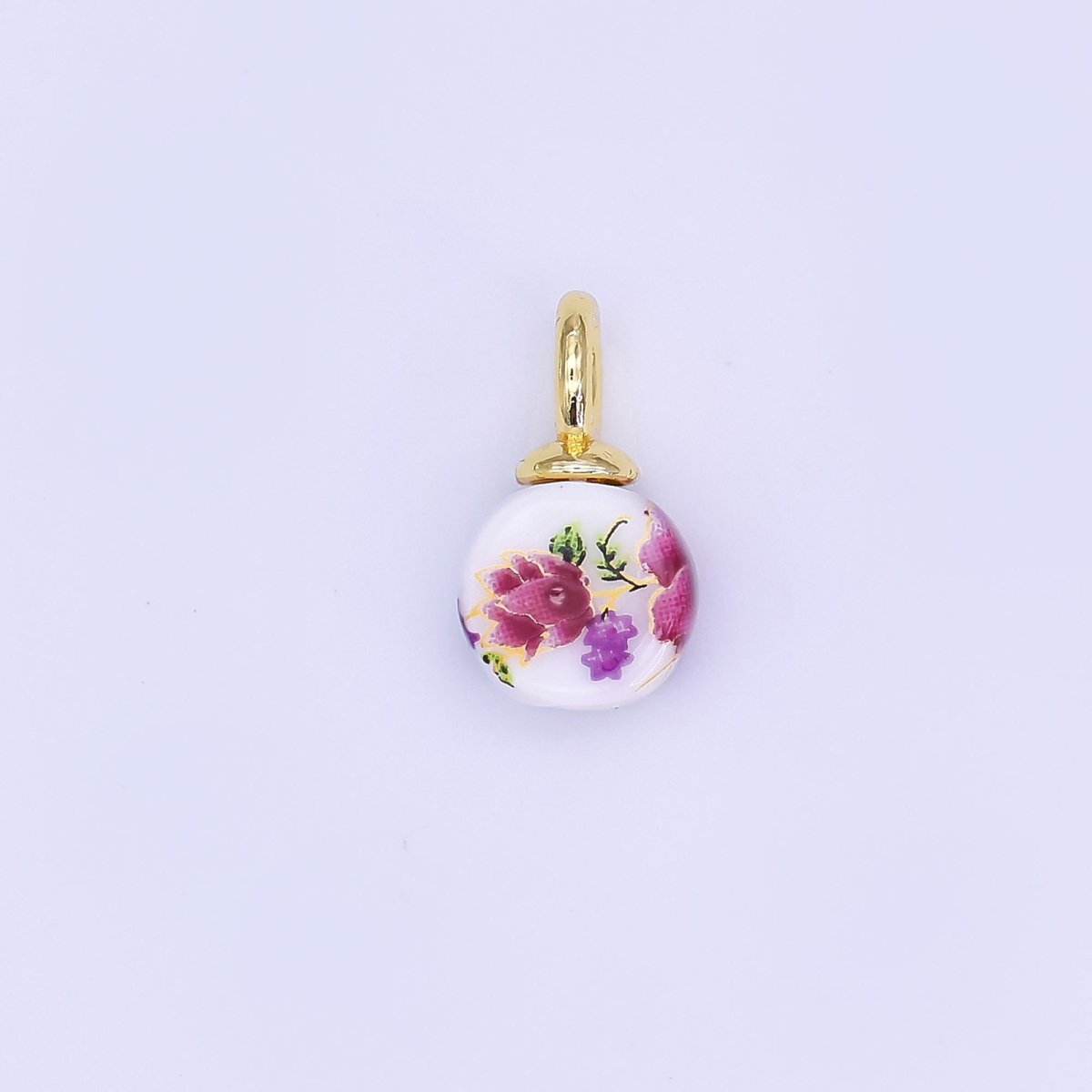 24K Gold Filled Blue, Red Flower Round Ceramic Drop Pendant | N131 N133 - DLUXCA