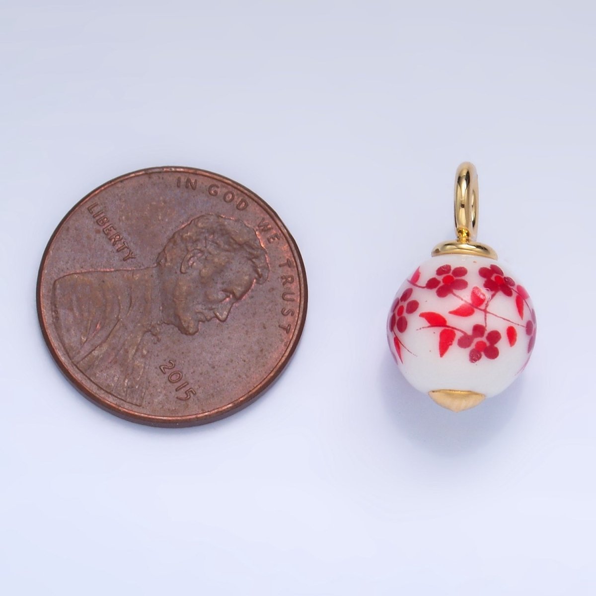 24K Gold Filled Blue, Red Flowers Ceramic Drop Charm | W123 - DLUXCA