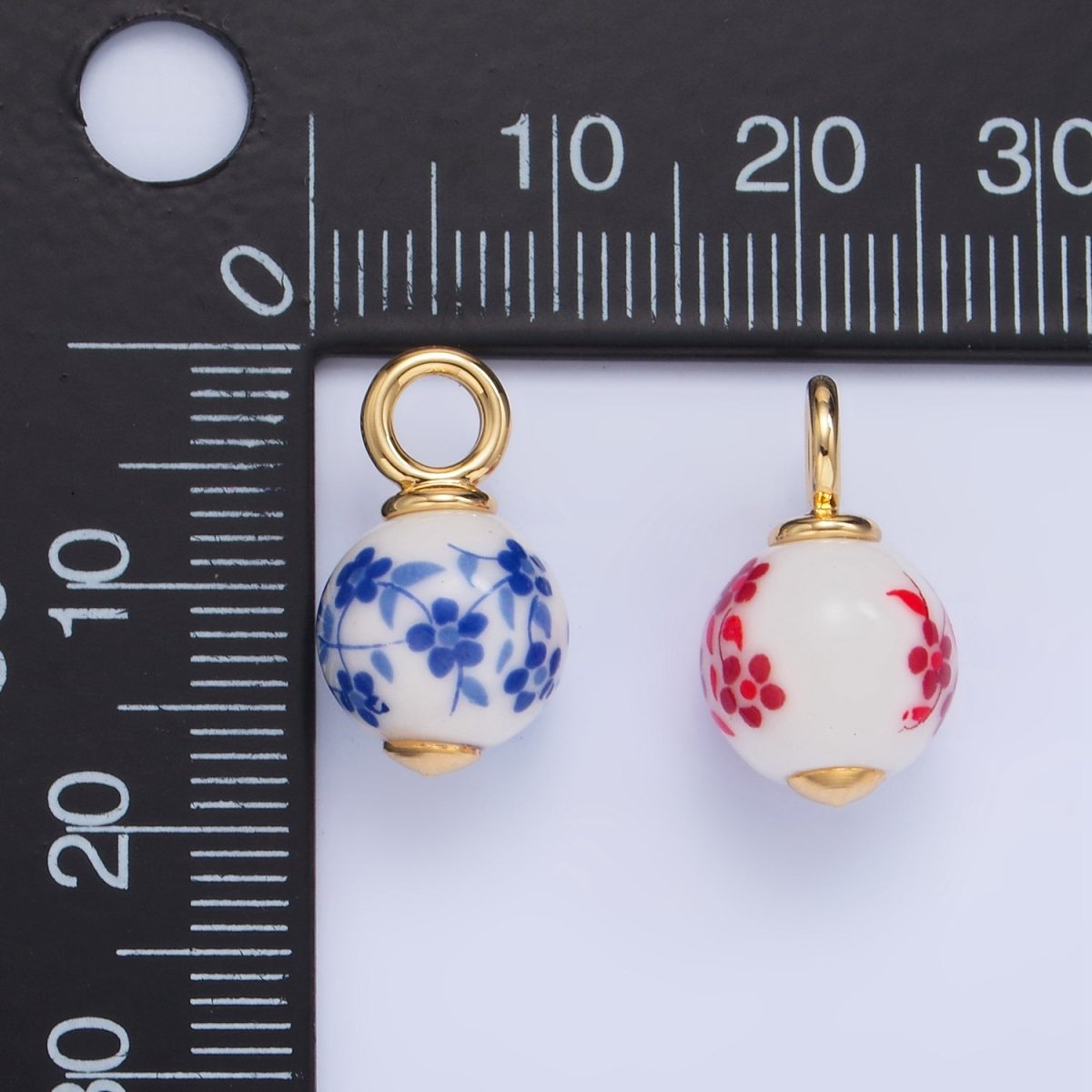 24K Gold Filled Blue, Red Flowers Ceramic Drop Charm | W123 - DLUXCA