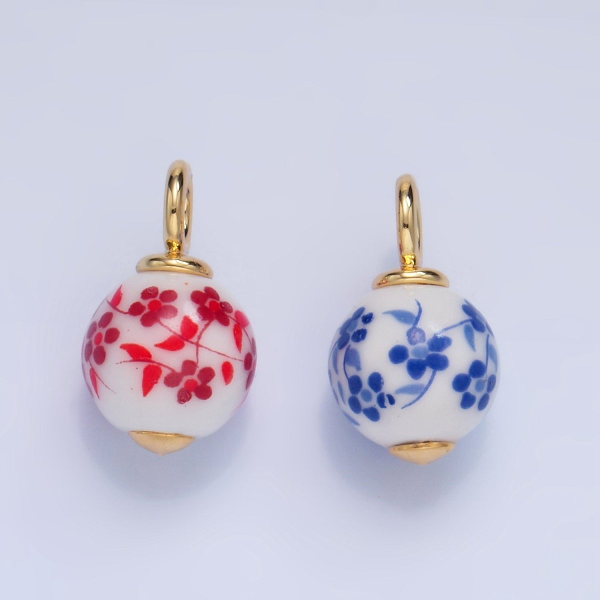 24K Gold Filled Blue, Red Flowers Ceramic Drop Charm | W123 - DLUXCA