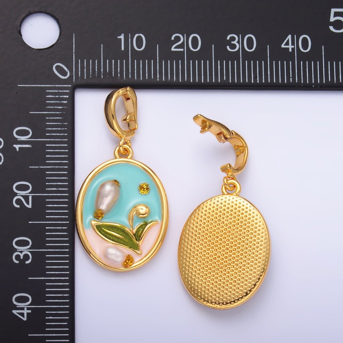 24K Gold Filled Blue Tulip Flower With Pearl Snap Bail Pendant | AA1468 - DLUXCA