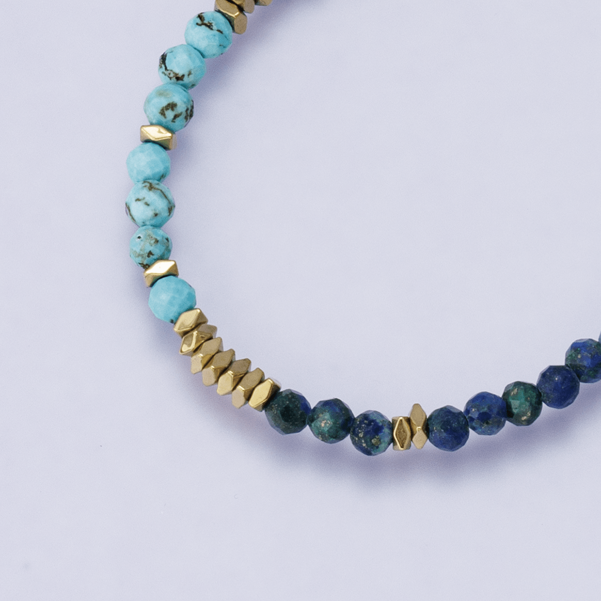 24K Gold Filled Blue Turquoise Lapis Lazuli Multifaceted Gemstone Figaro Chain Half 16 Inch Necklace w. Extender | WA - 04203 - DLUXCA