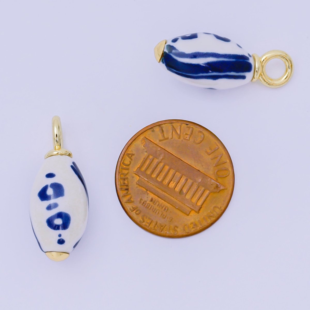 24K Gold Filled Blue - White Porcelain Oblong Drop Charm | AF1280 - DLUXCA