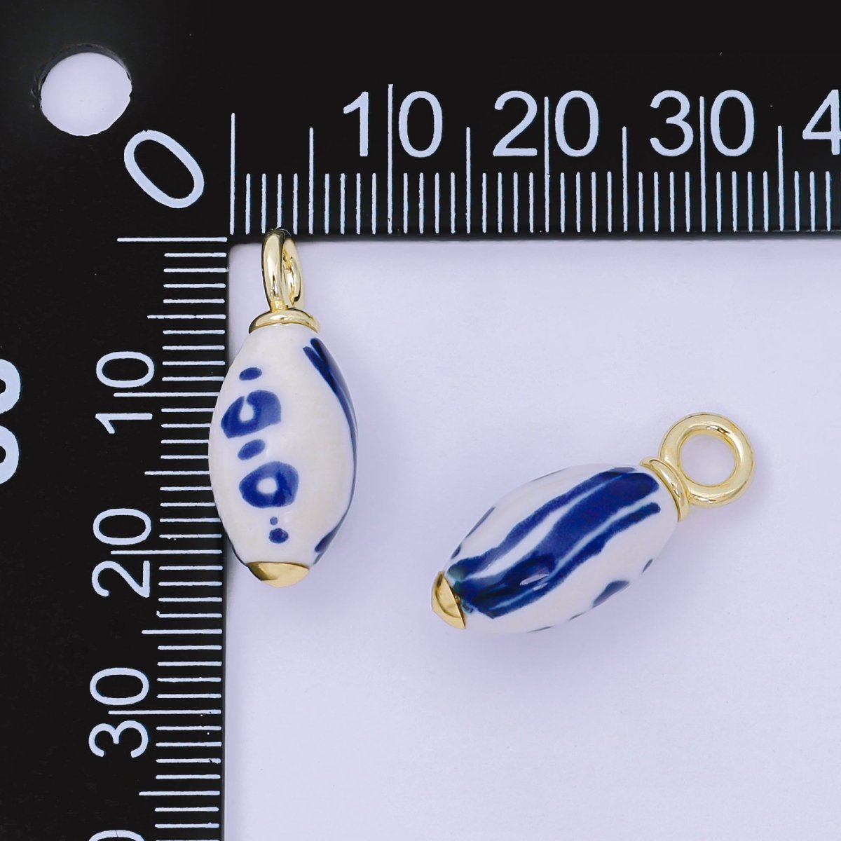 24K Gold Filled Blue - White Porcelain Oblong Drop Charm | AF1280 - DLUXCA