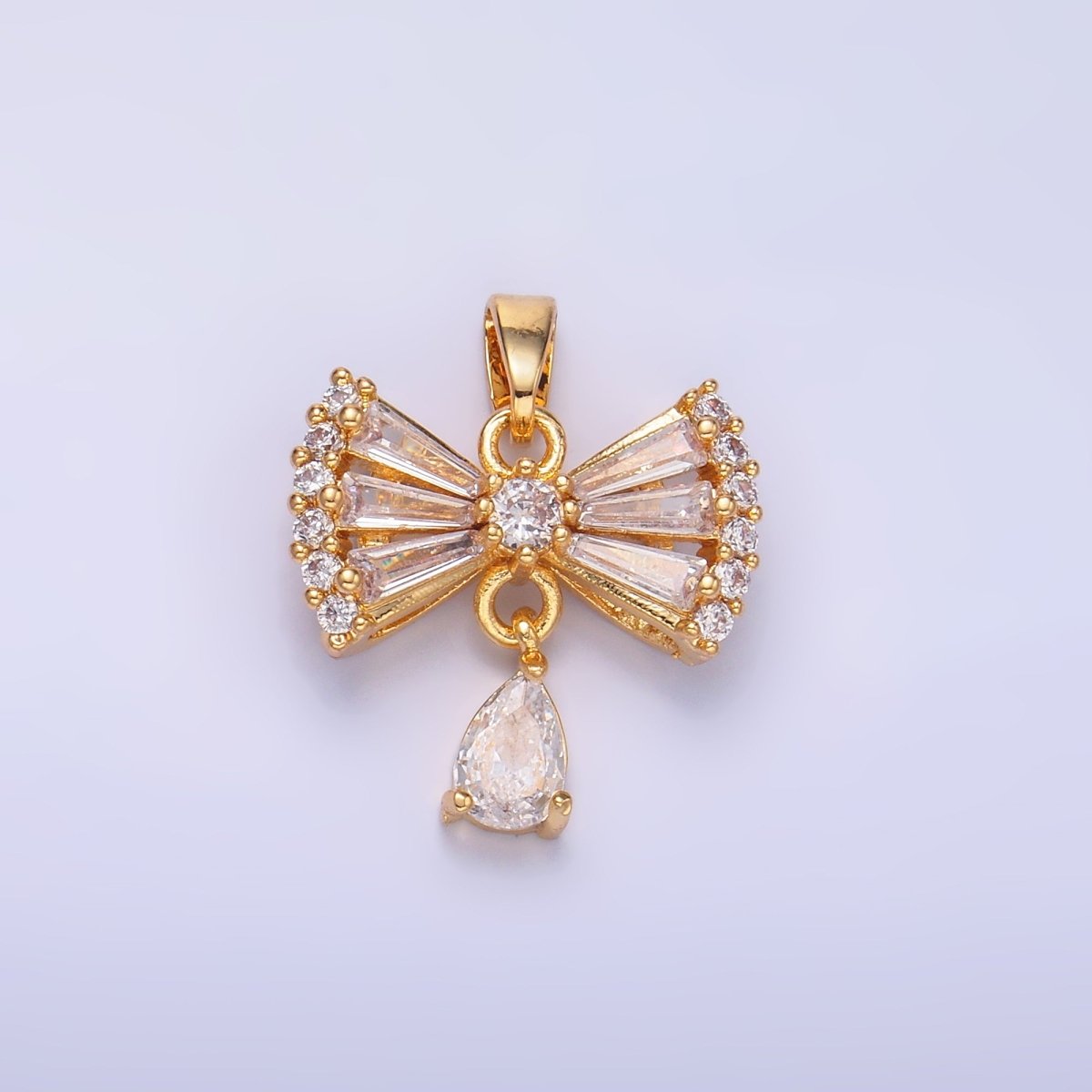 24K Gold Filled Bow Ribbon Teardrop Baguette CZ Micro Paved Drop Pendant | AA1436 - DLUXCA