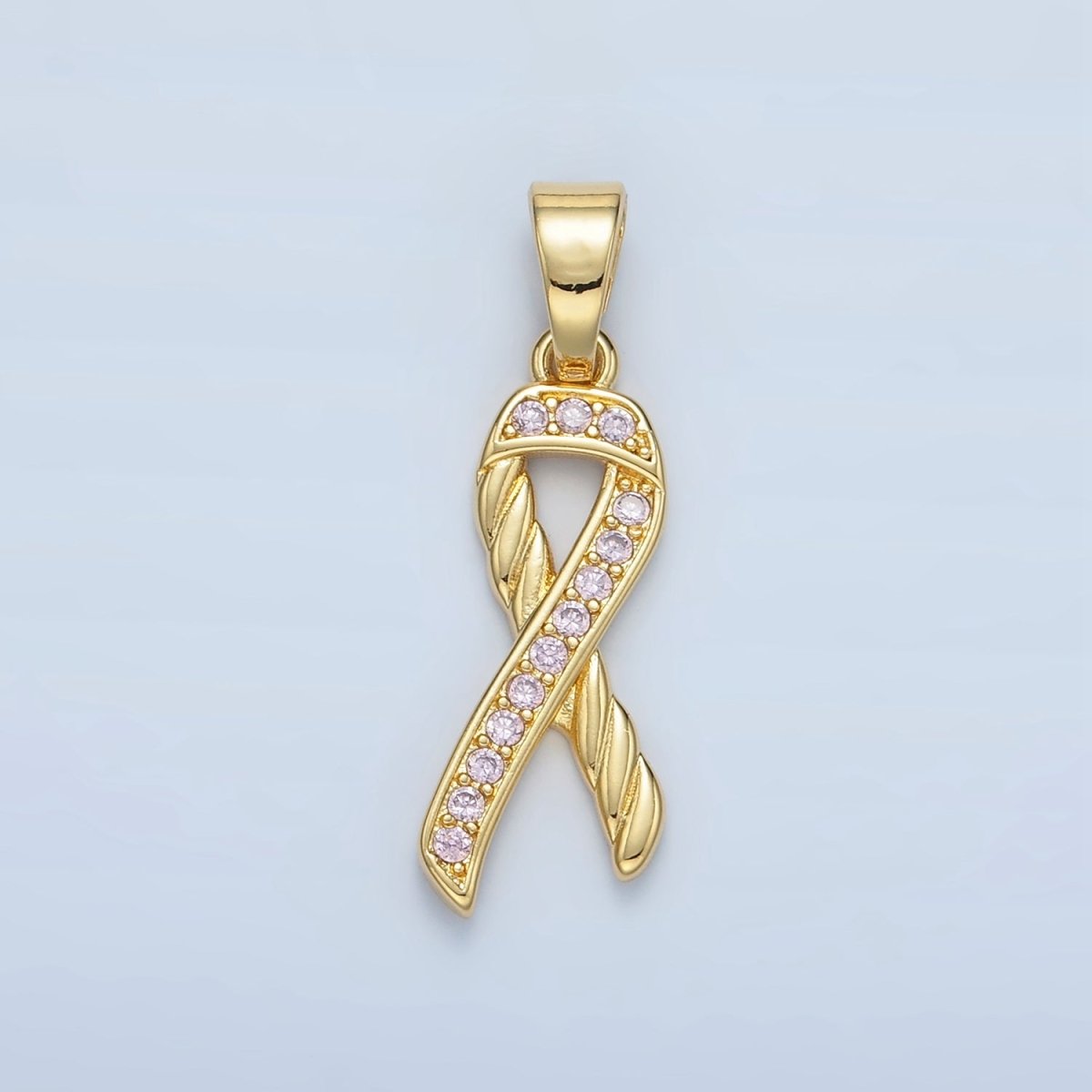 24K Gold Filled Breast Cancer Awareness Ribbon Pink Micro Paved CZ Pendant | I499 - DLUXCA