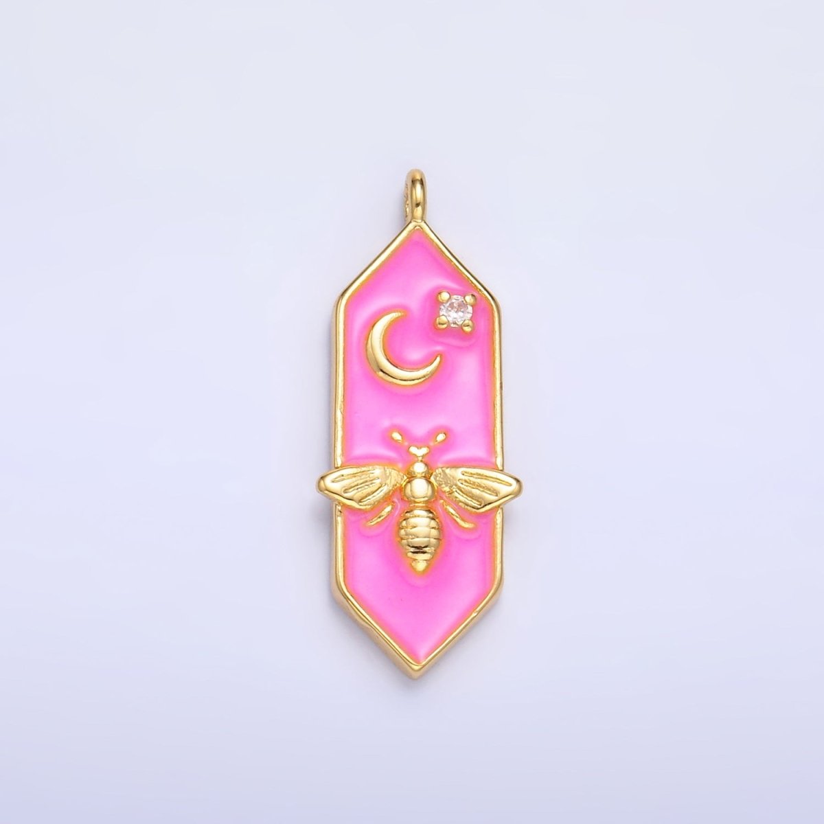 24K Gold Filled Bumble Bee Celestial Moon CZ Pink Enamel Hexagon Charm | W433 - DLUXCA