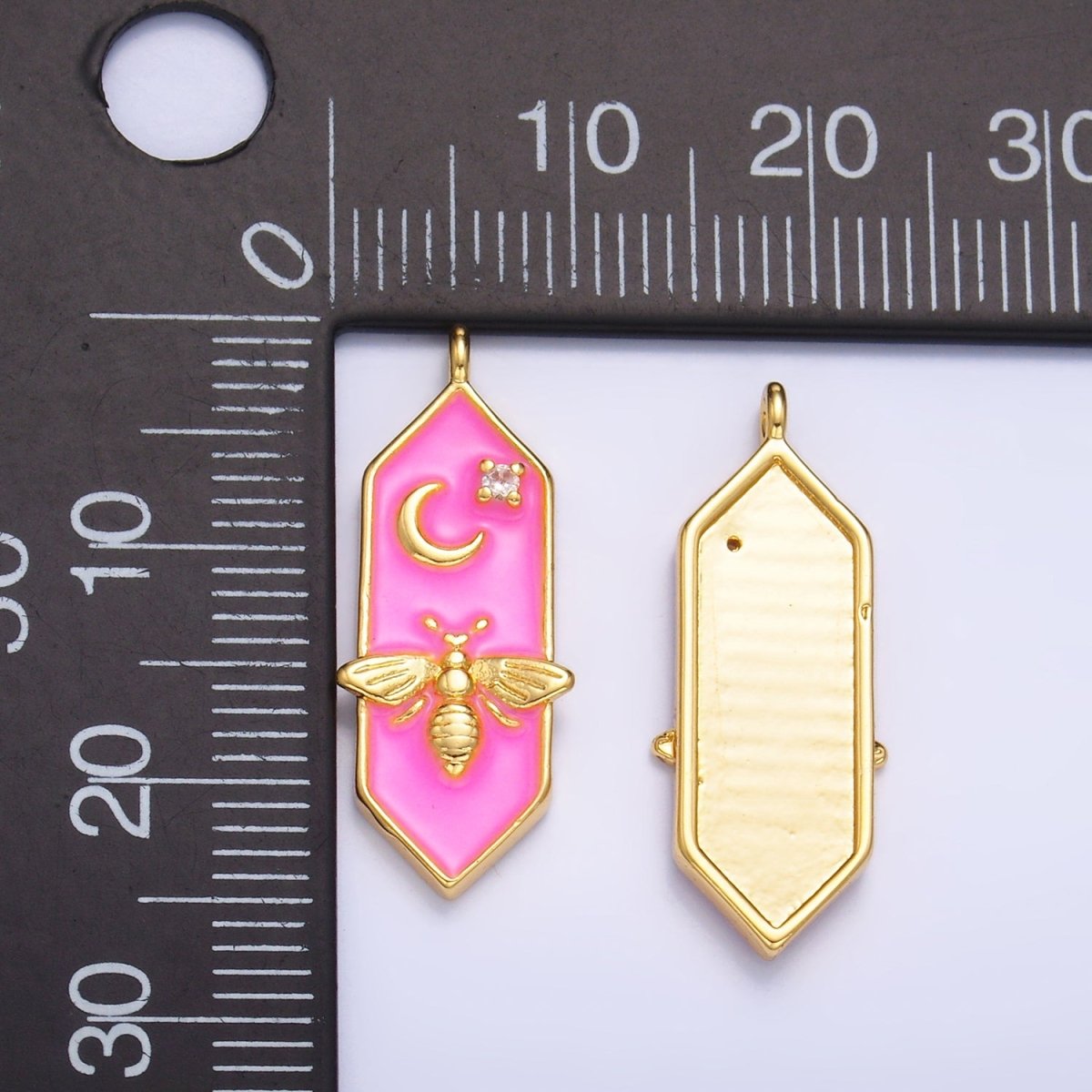 24K Gold Filled Bumble Bee Celestial Moon CZ Pink Enamel Hexagon Charm | W433 - DLUXCA