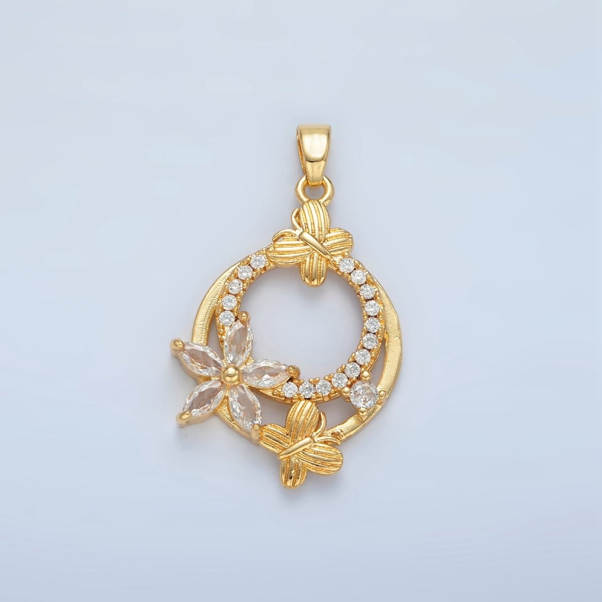 24K Gold Filled Butterfly Flower CZ Micro Paved Round Pendant | AA892 - DLUXCA