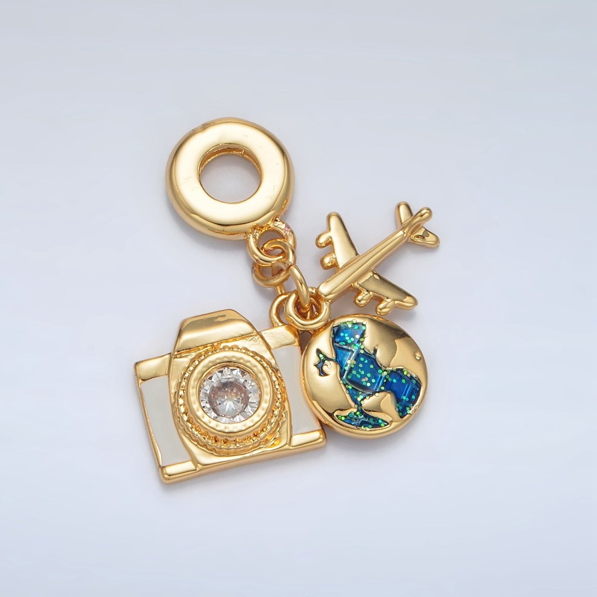 24K Gold Filled Camera Globe Airplane Rhondelle Bail Triple Travel Drop Pendant | AC083 - DLUXCA