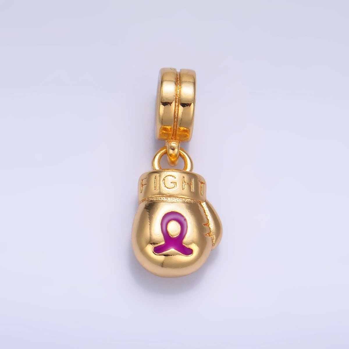 24K Gold Filled Cancer Awareness Ribbon "Fight" Boxing Glove Rhondelle Drop Pendant | W786 - DLUXCA