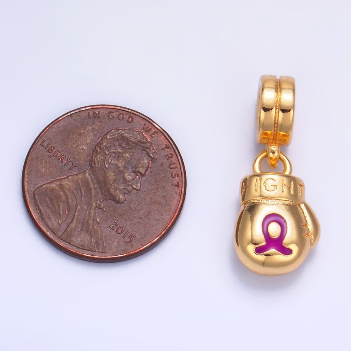 24K Gold Filled Cancer Awareness Ribbon "Fight" Boxing Glove Rhondelle Drop Pendant | W786 - DLUXCA