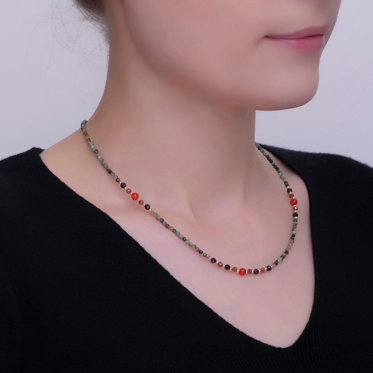 24K Gold Filled Carnelian Amazonite Multifaceted Crystal Gemstone 17 Inch Necklace | WA - 2868 - DLUXCA