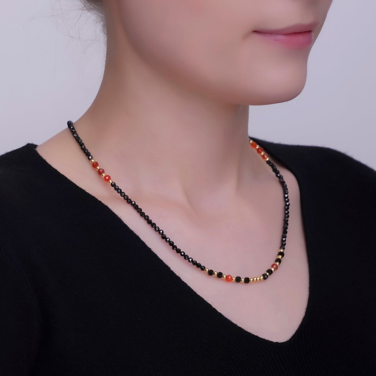 24K Gold Filled Carnelian Onyx Multifaceted Crystal Gemstone 18 Inch Necklace | WA - 2874 - DLUXCA