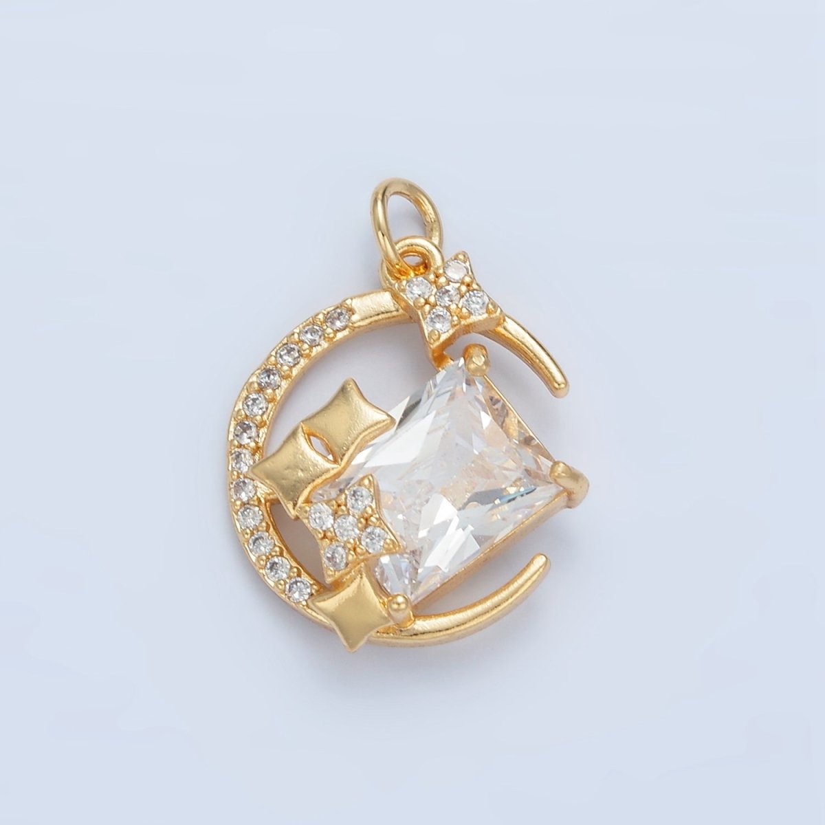 24K Gold Filled Celestial Crescent Moon Baguette Micro Paved CZ Charm | X288 - DLUXCA