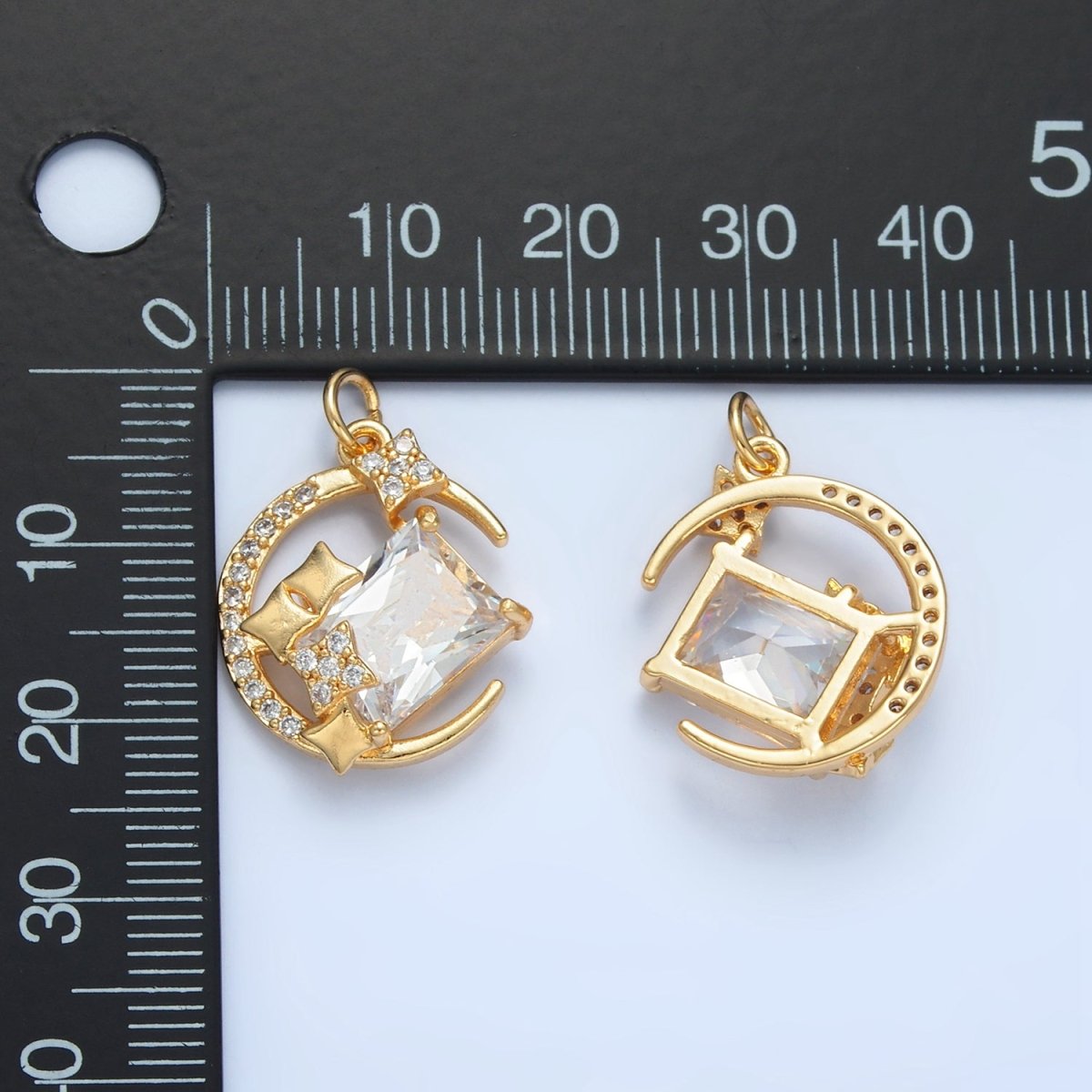 24K Gold Filled Celestial Crescent Moon Baguette Micro Paved CZ Charm | X288 - DLUXCA