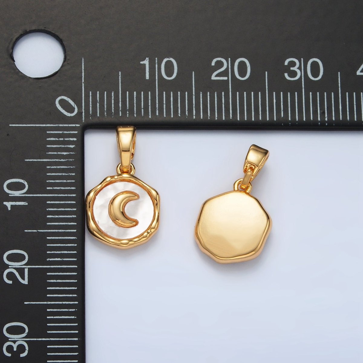 24K Gold Filled Celestial Crescent Moon Shell Pearl Stamped Bezel Pendant | AA1523 - DLUXCA